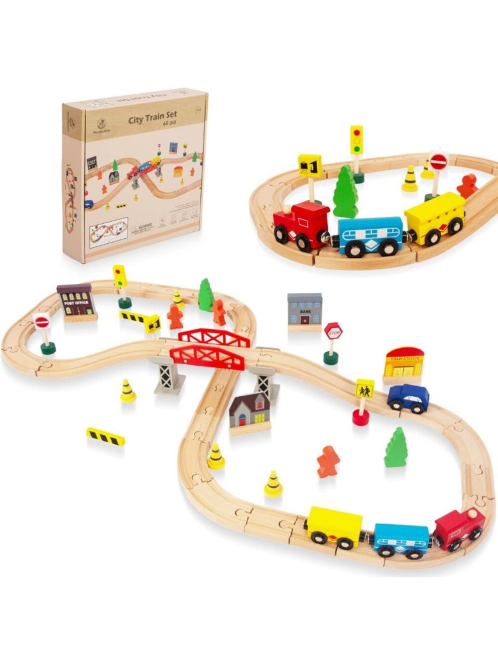 60Pcs Wooden Train Set with Bridge & Double-Sided Tracks - Perfect Gift for